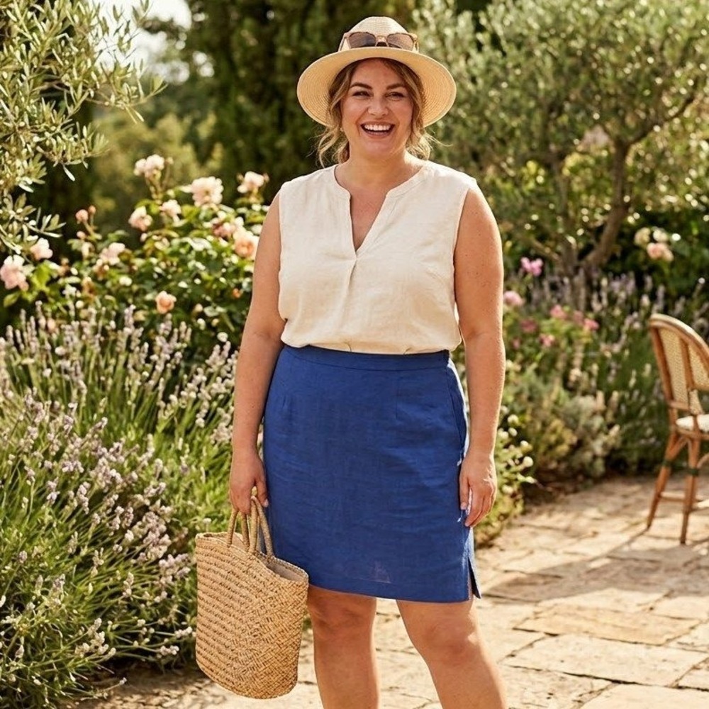 Addition Elle Linen Silk Skirt Womens 22‎ Blue Midi Pencil Side Slit Office Work